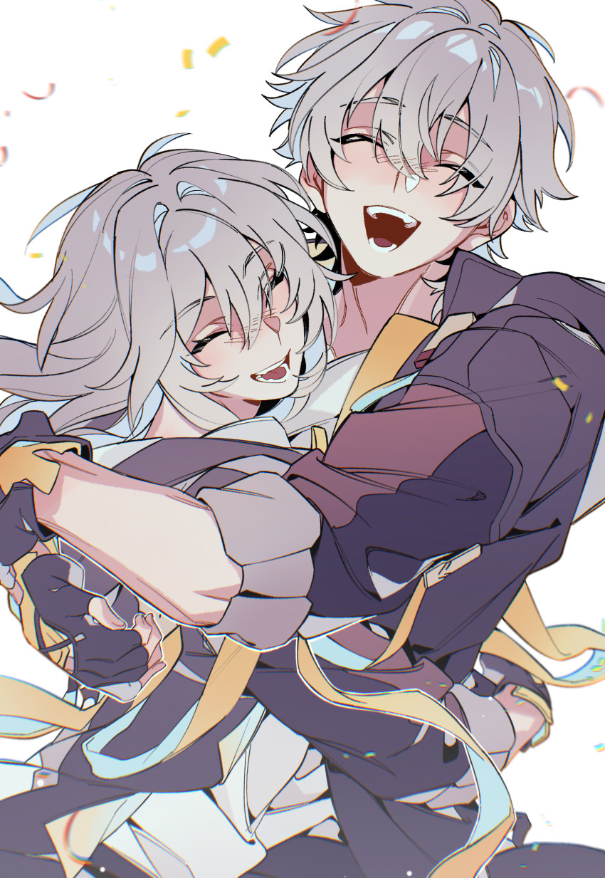 1boy 1girl ^_^ absurdres black_gloves black_jacket caelus_(honkai:_star_rail) chinese_commentary closed_eyes confetti dual_persona facing_viewer fingerless_gloves from_side gloves grey_hair hair_intakes highres honkai:_star_rail honkai_(series) hug jacket open_mouth rongyuan_gulu short_hair simple_background stelle_(honkai:_star_rail) trailblazer_(honkai:_star_rail) upper_body uppi white_background