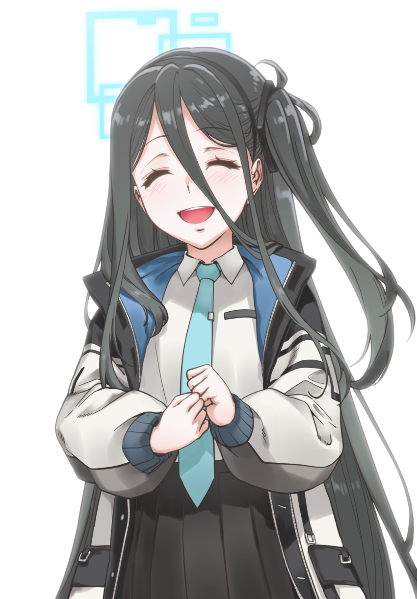 1girl :d ^_^ aris_(blue_archive) black_hair black_hairband black_skirt blue_archive blue_halo blush clenched_hands closed_eyes collared_shirt commentary_request cowboy_shot double-parted_bangs dress_shirt facing_viewer hair_between_eyes hair_over_shoulder hairband halo happy henshako highres jacket long_hair long_hair_between_eyes long_sleeves one_side_up open_clothes open_jacket open_mouth pleated_skirt puffy_long_sleeves puffy_sleeves rectangular_halo school_uniform shirt simple_background skirt smile solo straight_hair teeth upper_teeth_only very_long_hair white_background white_shirt