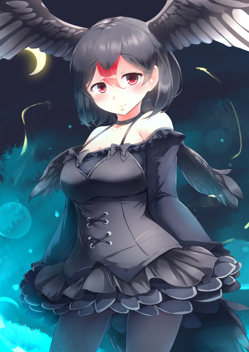 10s 1girl absurdres black_dress black_hair black_pantyhose black_swan_(kemono_friends) blush commentary_request crescent_moon dress female_focus hair_between_eyes head_wings highres kanzakietc kemono_friends long_sleeves looking_at_viewer moon multicolored_hair night outdoors pantyhose red_eyes red_hair short_hair solo spread_wings two-tone_hair wings