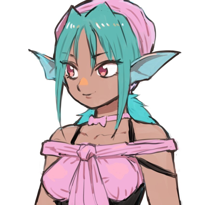 1girl bandana bare_shoulders blue_hair choker closed_mouth collarbone dark-skinned_female dark_skin fins gan2 head_fins highres juri_(yu_yu_hakusho) long_hair low_ponytail no_lipstick pink_bandana pink_choker ponytail red_eyes simple_background smile solo upper_body white_background yuu_yuu_hakusho