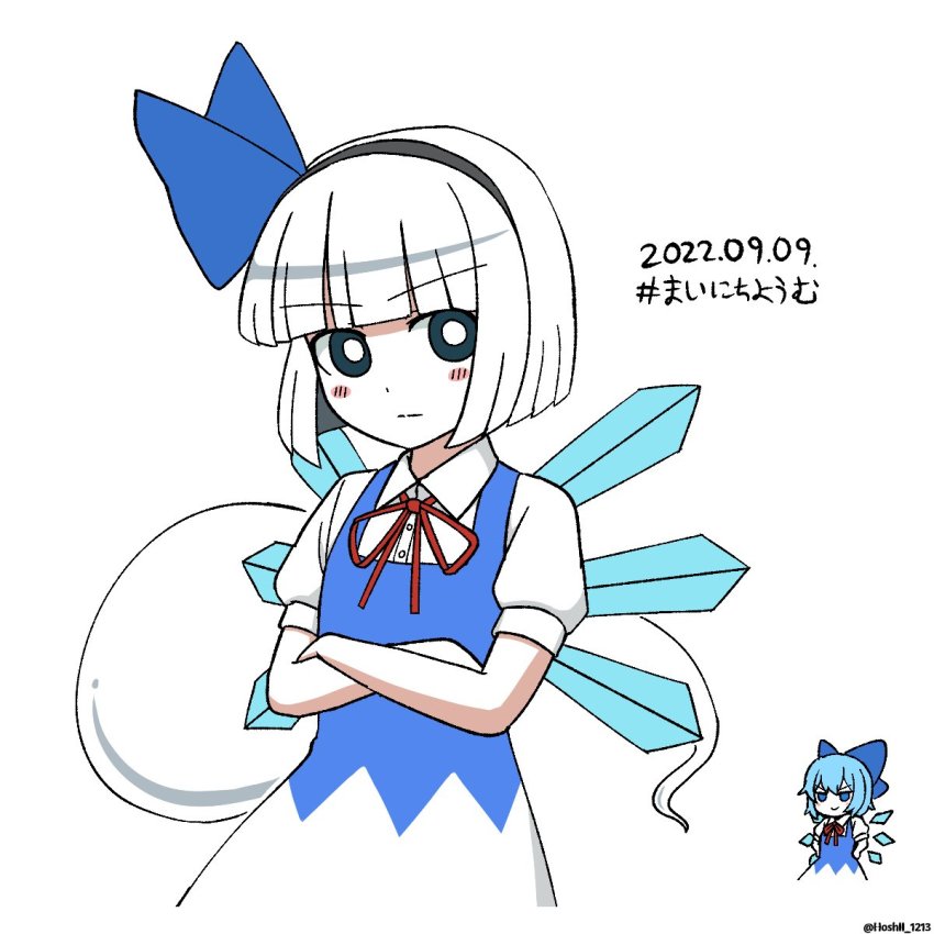 2girls :&gt; black_hairband blue_bow blue_dress blue_eyes blue_hair blunt_bangs bow bright_pupils cirno cirno_(cosplay) collared_shirt cosplay crossed_arms dated dress ghost green_eyes hair_bow hairband hands_on_own_hips highres hoshii_1213 ice ice_wings konpaku_youmu konpaku_youmu_(ghost) looking_at_viewer multiple_girls pinafore_dress shirt short_hair short_sleeves simple_background sleeveless_dress solo_focus touhou white_background white_hair white_pupils white_shirt wings