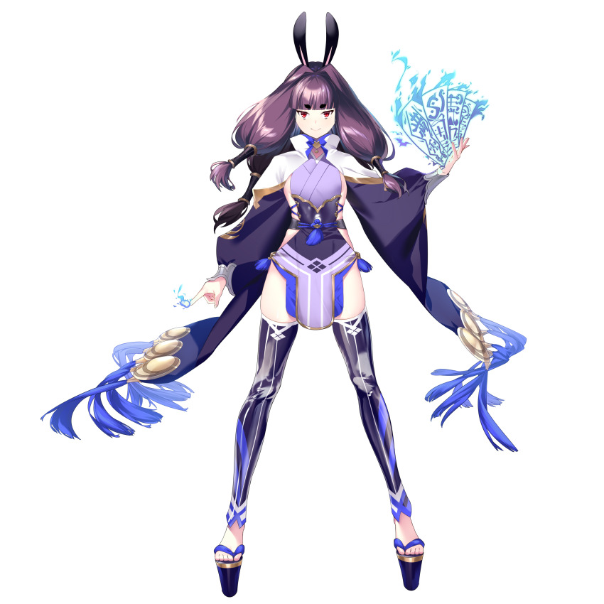 1girl absurdres aku_no_onna_kanbu:_perigee_new_moon animal_ears arrow_(tamawo222) blue_fire blue_sandals character_request clothing_request fire hair_tubes highres japanese_clothes leggings long_hair multicolored_leggings official_art pelvic_curtain platform_clogs platform_sandals purple_hair rabbit_ears red_eyes sandals short_eyebrows solo tassel