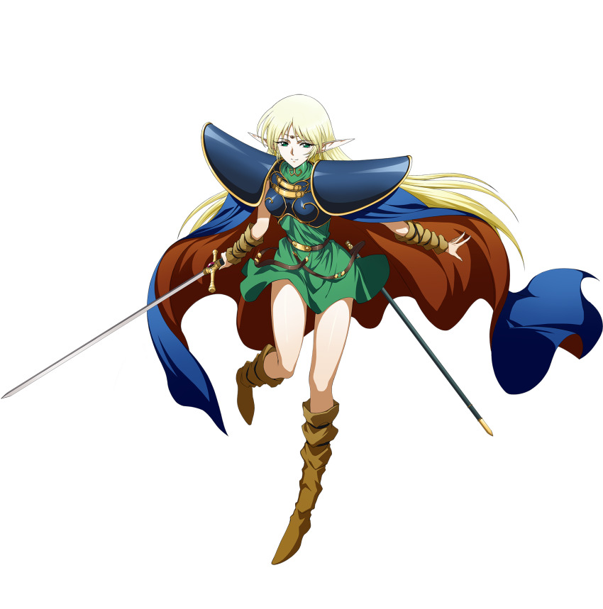 1990s_(style) 1girl armor belt blonde_hair cape circlet closed_mouth deedlit dress elf full_body green_dress green_eyes highres langrisser langrisser_mobile long_hair official_art pointy_ears record_of_lodoss_war retro_artstyle scan scan_artifacts short_dress solo sword weapon yuuki_nobuteru