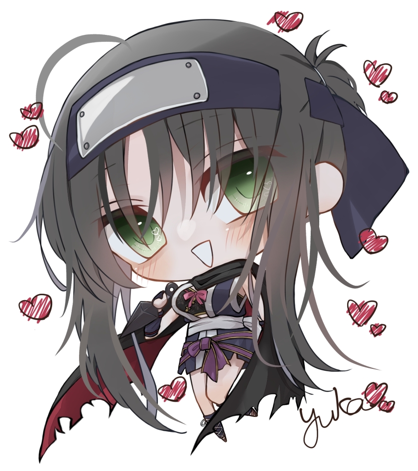 1girl :d ahoge black_hair black_scarf blue_kimono blush bow bowtie chibi chibi_only commentary_request eyes_visible_through_hair forehead full_body green_eyes hair_between_eyes hand_up happy heart heart_in_eye highres hitachi_mako holding holding_kunai holding_weapon japanese_clothes judas_gundam kimono knees_together_feet_apart kunai long_scarf looking_at_viewer ninja open_mouth pink_bow pink_bowtie ponytail scarf senren_banka short_hair_with_long_locks short_kimono short_ponytail signature simple_background smile solo standing symbol_in_eye two-sided_scarf weapon white_background