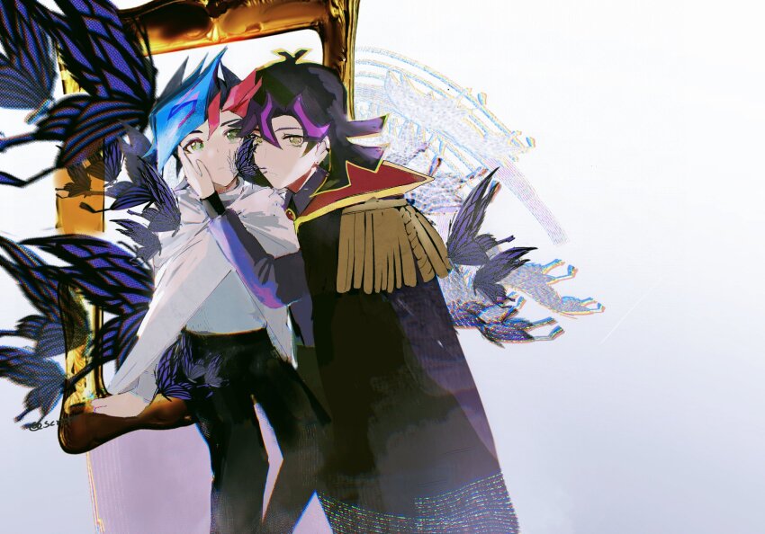 2boys ai_(yu-gi-oh!) alternate_form black_cape black_hair black_pants blurry blurry_background brown_eyes bug butterfly butterfly_on_hand cape capelet colored_bangs dappled_sunlight epaulettes facing_another facing_to_the_side fujiki_yusaku green_eyes hand_on_another&#039;s_cheek hand_on_another&#039;s_face heads_together highres insect looking_to_the_side male_focus multiple_boys painting_(object) pants picture_frame purple_shirt screen0624 shirt sunlight through_medium through_painting white_background white_capelet white_shirt yu-gi-oh! yu-gi-oh!_vrains
