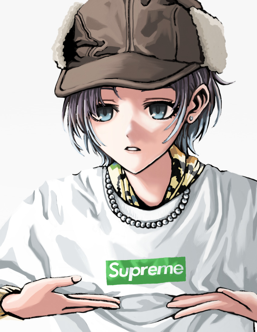 1girl asakura_toru bead_necklace beads blue_eyes blue_hair brown_hat camouflage colored_tips cosplay deerstalker digital_camouflage earrings fashion hands_up hat highres idolmaster idolmaster_shiny_colors isana_(isana9075) jewelry looking_at_viewer multicolored_hair necklace print_shirt purple_hair shirt short_hair simple_background solo stud_earrings supreme_(brand) tyler_the_creator tyler_the_creator_(cosplay) undershirt upper_body white_shirt