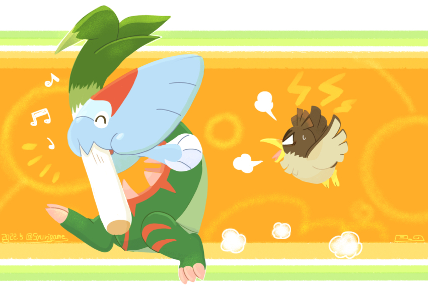 angry bird claws dated dracovish duck food_in_mouth from_side full_body galarian_farfetch&#039;d galarian_form gen_8_pokemon mouth_hold musical_note nintendo no_humans open_mouth pokemon pokemon_(creature) shuri_(syurigame) signature sirfetch&#039;d spring_onion sweatdrop theft