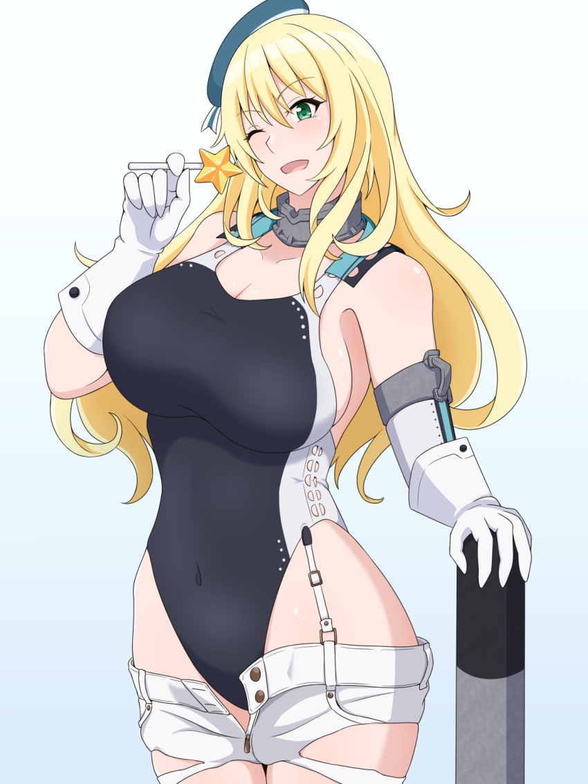 1girl aqua_hat atago_(kancolle) black_one-piece_swimsuit blonde_hair breasts candy chupa_chups competition_swimsuit cosplay cowboy_shot food garrison_cap gloves green_eyes hair_between_eyes hair_ornament hat highleg highleg_one-piece_swimsuit highres kantai_collection lactone large_breasts lollipop long_hair looking_at_viewer multicolored_swimsuit one-piece_swimsuit open_mouth scamp_(kancolle) scamp_(kancolle)_(cosplay) short_shorts shorts smile solo star_(symbol) star_hair_ornament swimsuit torpedo two-tone_swimsuit white_background white_gloves white_shorts