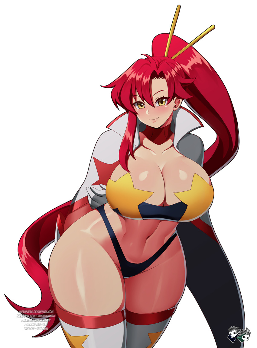 1girl arms_behind_back bandeau blush breasts cape cleavage closed_mouth collarbone cowboy_shot curvy duplicate gloves hair_ornament hair_stick high_ponytail highres huge_breasts jadenkaiba large_breasts long_hair looking_at_viewer midriff navel pasties ponytail red_hair signature simple_background single_sidelock skindentation skull_hair_ornament smile solo space_yoko star_(symbol) star_pasties star_print strapless tengen_toppa_gurren_lagann tengen_toppa_gurren_lagann:_lagann-hen thighhighs thighs tube_top very_long_hair white_background white_gloves wide_hips yellow_eyes yoko_littner