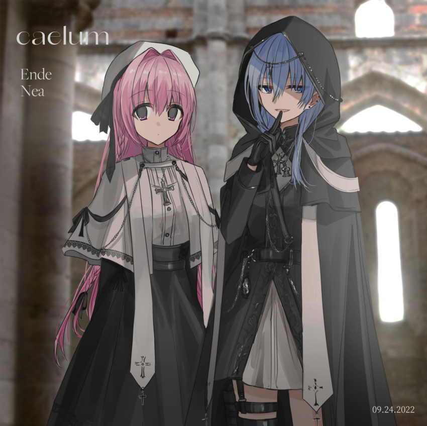 2girls beret black_cloak black_dress black_gloves black_skirt blue_eyes blue_hair blurry blurry_background character_name chihuri cloak closed_mouth commentary_request cross dated depth_of_field dress ende_(chihuri) gloves gothic_lolita hair_between_eyes hand_up hat highres hood hood_up hooded_cloak latin_cross lolita_fashion long_hair multiple_girls nea_(chihuri) original parted_lips pink_hair purple_eyes shirt skirt smile very_long_hair white_headwear white_shirt