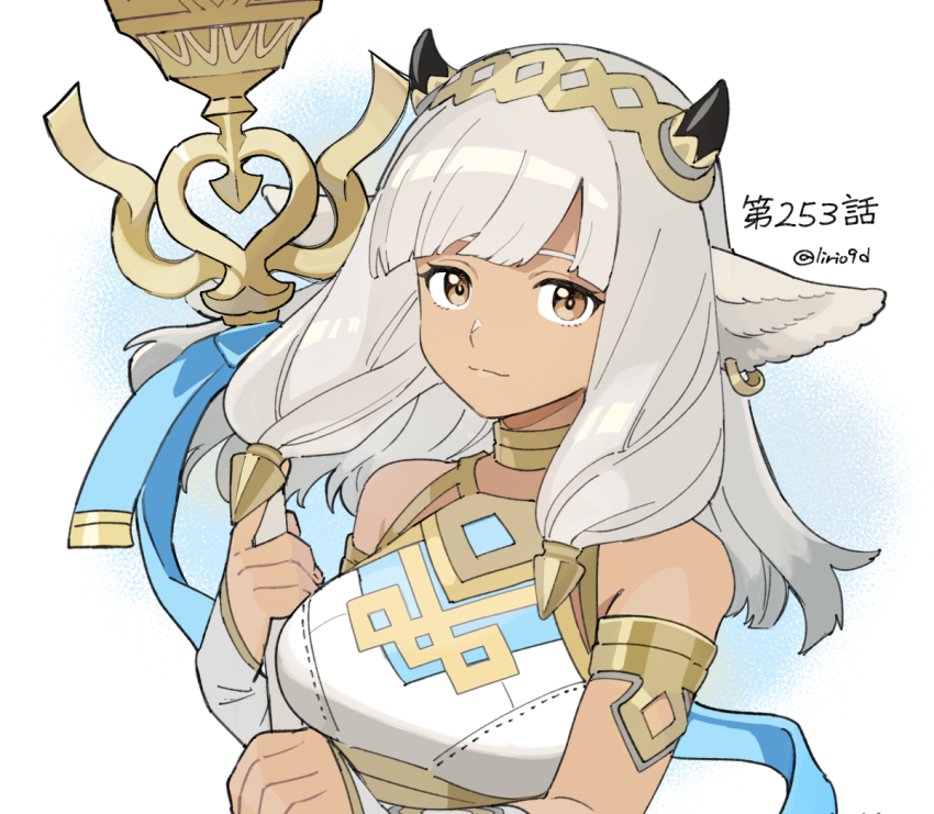 1girl animal_ears ash_(fire_emblem) bicep_strap black_horns breasts brown_eyes cow_ears cow_girl cow_horns dark-skinned_female dark_skin fire_emblem fire_emblem_heroes grey_hair holding holding_staff horns kitano_ririo large_breasts nintendo solo staff