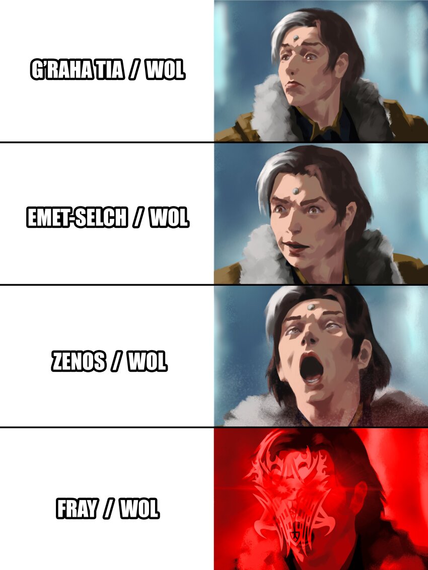 1boy absurdres ahegao ascian_glyph brown_eyes brown_hair emet-selch final_fantasy final_fantasy_xiv formtheheadcom garlean glowing glowing_eyes highres meme multicolored_hair open_mouth streaked_hair template vince_mcmahon_reaction_(meme)