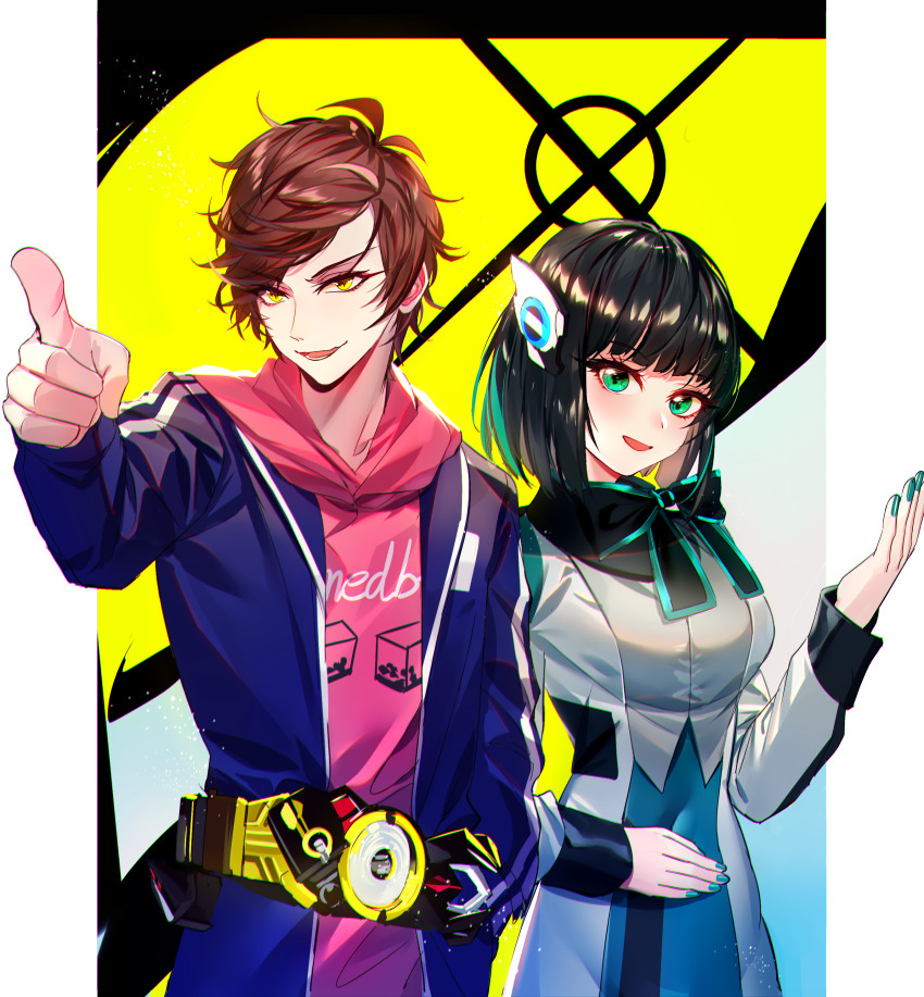 1boy 1girl :d absurdres baocaizi belt black_bow black_hair blue_jacket blue_nails blue_sky bow breasts brown_hair character_request commentary fingernails green_eyes green_hair grey_jacket grey_shirt hair_ornament hand_on_own_stomach hand_up henshin hiden_aruto highres hood hood_down hoodie izu_(kamen_rider_01) jacket kamen_rider kamen_rider_01_(series) long_sleeves looking_at_viewer medium_breasts multicolored_hair nail_polish open_clothes open_jacket open_mouth pink_hoodie pointing rider_belt shirt sky smile swept_bangs two-tone_hair yellow_eyes