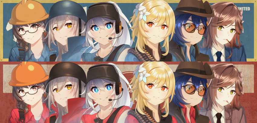 6+girls absurdres acrylicstroke belle_(zenless_zone_zero) blonde_hair blu_engineer_(tf2) blu_scout_(tf2) blu_sniper_(tf2) blu_soldier_(tf2) blu_spy_(tf2) blue_eyes blue_hair blue_jacket blue_necktie blue_shirt braid brown_eyes brown_hair brown_vest bullet bulletproof_vest cigarette closed_mouth collared_shirt commission commissioner_upload cosplay dog_tags earrings engineer engineer_(tf2) engineer_(tf2)_(cosplay) entropy_(honkai_impact_3rd) female_dreamseeker_(honkai_impact) flower formal_clothes genshin_impact glasses green_eyes grey_hair hair_flower hair_ornament hat headphones helmet highres honkai:_star_rail honkai_(series) honkai_impact_3rd jacket jewelry kiana_kaslana kiana_kaslana_(herrscher_of_flamescion) long_hair looking_at_viewer lumine_(genshin_impact) medium_hair mihoyo multiple_girls necktie non-web_source orange_eyes ponytail red_engineer_(tf2) red_jacket red_necktie red_scout_(tf2) red_shirt red_sniper_(tf2) red_soldier_(tf2) red_spy_(tf2) rosa_(tears_of_themis) scout_(tf2) scout_(tf2)_(cosplay) semi-rimless_eyewear shirt short_hair short_sleeves single_earring smile smoking sniper_(tf2) sniper_(tf2)_(cosplay) soldier_(tf2) soldier_(tf2)_(cosplay) spy_(tf2) spy_(tf2)_(cosplay) stelle_(honkai:_star_rail) striped_clothes striped_jacket sunglasses team_fortress_2 tears_of_themis trailblazer_(honkai:_star_rail) upper_body vertical-striped_clothes vertical-striped_jacket very_long_hair vest white_flower white_hair white_shirt yellow_eyes zenless_zone_zero