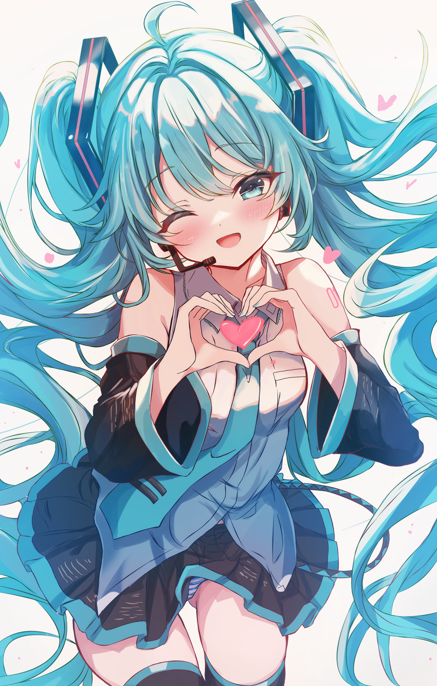 1girl aqua_eyes aqua_hair aqua_necktie bare_shoulders black_skirt black_sleeves blush collared_shirt commentary_request cowboy_shot cutlass_(classic_chocolate) detached_sleeves hair_ornament hatsune_miku heart heart_hands highres long_hair long_sleeves looking_at_viewer miniskirt necktie number_tattoo one_eye_closed open_mouth panties panty_peek partial_commentary pleated_skirt shirt shoulder_tattoo simple_background skirt sleeveless sleeveless_shirt smile solo standing striped_blush striped_clothes striped_panties tattoo twintails underwear upskirt very_long_hair vocaloid white_background white_shirt