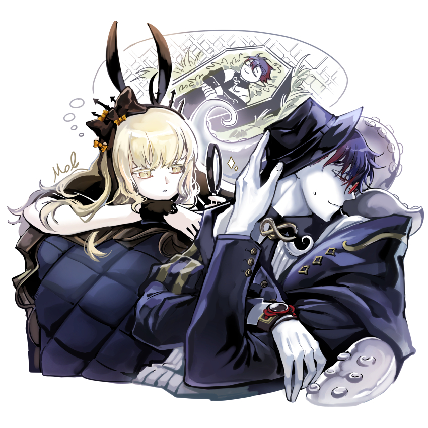 1boy 1girl absurdres alchemy_stars amol_0522 animal_ear_hairband animal_ears black_wrist_cuffs blonde_hair chair coffin colored_skin commentary cuscuta_(alchemy_stars) dated_commentary fake_animal_ears fingernails hairband highres holding holding_magnifying_glass kleken_(alchemy_stars) long_sleeves magnifying_glass necktie short_hair sparkle sweatdrop tentacles white_skin wrist_cuffs