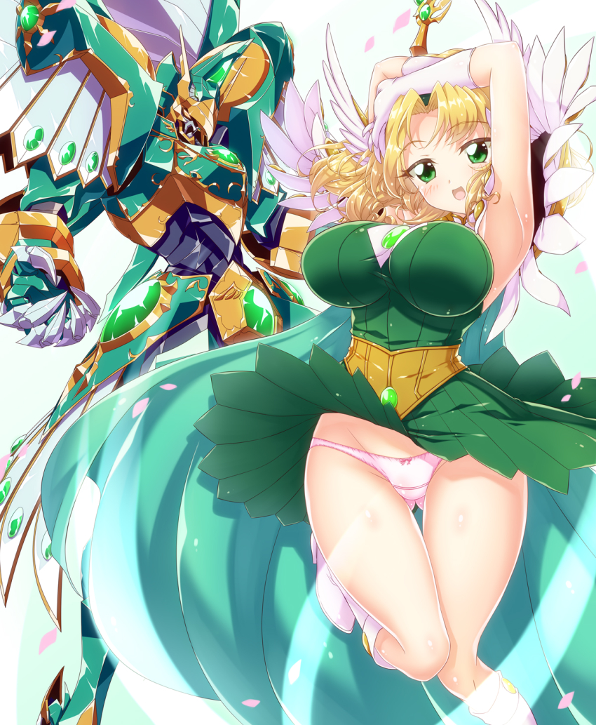 1girl airborne armpits blonde_hair boots breasts dress fantasy gloves glowing glowing_eye gluteal_fold green_dress green_eyes head_tilt highres holding holding_sword holding_weapon hououji_fuu large_breasts long_sword looking_at_viewer magic_knight_rayearth mashin mecha mechanical_wings oobari_masami_(style) orange_eyes panties parted_bangs pink_panties robot short_hair smile sword underwear weapon white_background white_footwear white_gloves windam_(rayearth) wings yakisoba_(kaz2113)