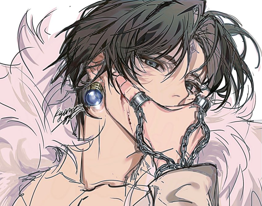 2boys black_coat black_eyes black_hair blood chain chrollo_lucilfer coat duel earrings facial_mark facial_tattoo fur_collar head_grab highres hunter_x_hunter jewelry kurapika looking_at_viewer multiple_boys open_clothes open_coat serious short_hair solo_focus tattoo trench_coat unfinished wago