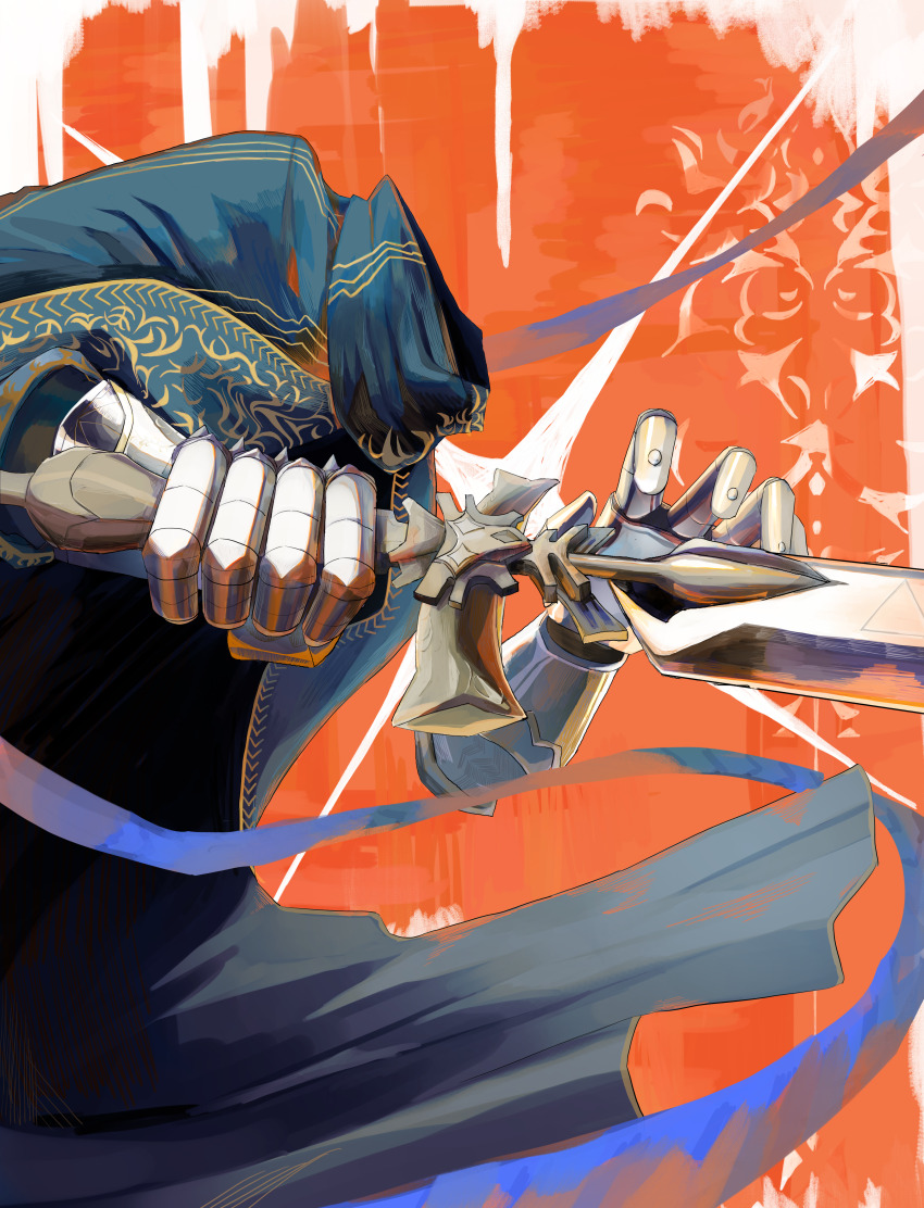 1boy a_knight_(reverse:1999) absurdres blue_cape cape commentary_request diffraction_spikes disembodied_hand floating_clothes headless highres holding holding_sword holding_weapon hoshimori539jp incoming_attack male_focus orange_background profile reverse:1999 sword upper_body weapon