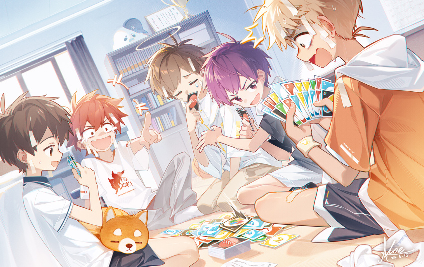 +++ 5boys ^^^ black_shorts blonde_hair brown_eyes brown_hair brown_pants child grey_pants halo happy_tears hood hoodie indian_style indoors koe_(mixpi) laughing long_hair male_focus multiple_boys open_mouth orange_hoodie original pants partially_shaded_face playing_games pointing purple_hair red_hair seiza shelf shiba_inu shirt shorts sitting t-shirt tape tears uno_(game) very_long_hair white_shirt white_shorts window
