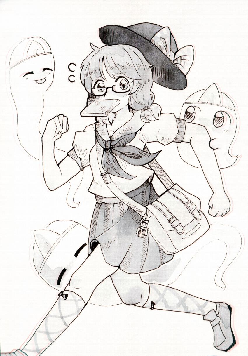 1girl absurdres alternate_costume bow clenched_hands dungeon_toaster flying_sweatdrops foot_out_of_frame greyscale hat hat_bow highres inktober kneehighs medium_hair monochrome neckerchief pleated_skirt puffy_short_sleeves puffy_sleeves school_uniform semi-rimless_eyewear serafuku shoes short_sleeves simple_background skirt socks touhou traditional_media under-rim_eyewear usami_sumireko