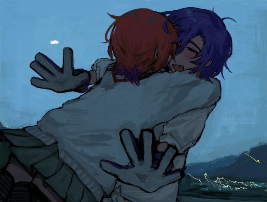 1boy 1girl amate_yuzuriha blue_hair blue_sky blush gloves gundam gundam_gquuuuuux highres hug ontan open_mouth red_eyes red_hair school_uniform shirt short_hair shuji_ito skirt sky smile sweater white_shirt
