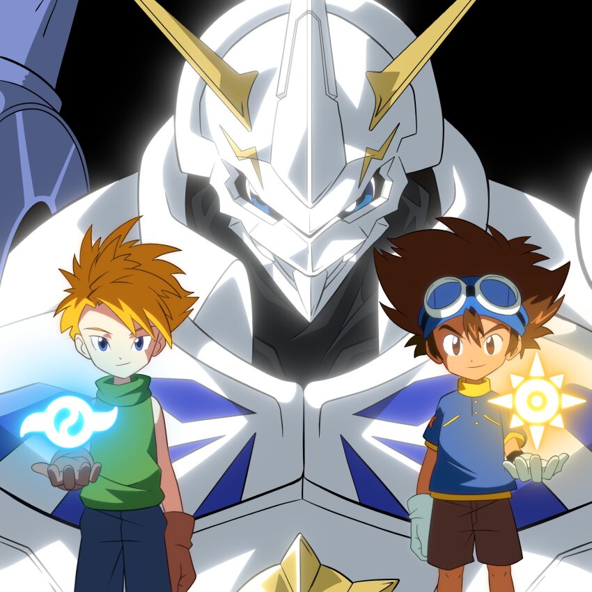 crests_(digimon) digimon digimon_(creature) digimon_adventure fusion highres ishida_yamato looking_at_viewer officialseraphimon omegamon smile yagami_taichi