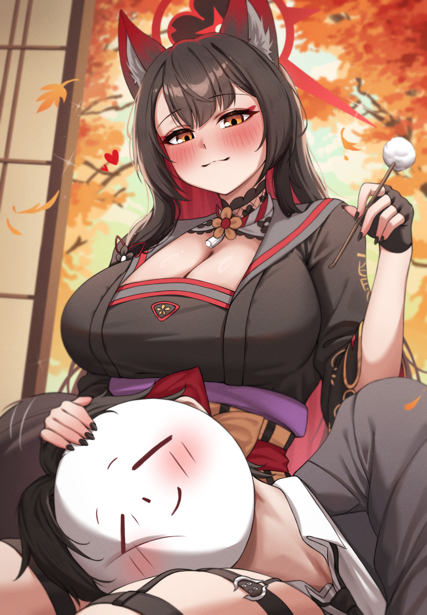 1boy 1girl absurdres animal_ears architecture autumn_leaves black_gloves black_nails black_shirt blue_archive blush breasts brown_hair cleavage closed_mouth clothes_writing commentary_request cotton_swab doodle_sensei_(blue_archive) east_asian_architecture eyeshadow fingerless_gloves fingernails fox_ears fox_girl gloves gyu_chul halo hand_up heart hetero highres holding_cotton_swab indoors korean_commentary lap_pillow large_breasts leaf long_hair makeup maple_leaf mimikaki multiple_thigh_straps nail_polish red_eyeshadow red_halo sensei_(blue_archive) shirt shouji sliding_doors smile wakamo_(blue_archive) yellow_eyes