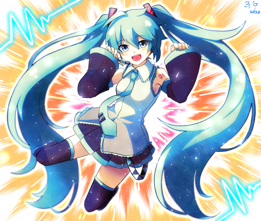 1girl 39 2020 absurdly_long_hair aqua_eyes aqua_hair aqua_necktie artist_name artist_request bare_shoulders black_boots black_skirt black_sleeves black_thighhighs blue_eyes blue_hair blue_nails blue_necktie blush boots breasts collared_shirt detached_sleeves female_focus full_body hair_between_eyes hair_ornament hatsune_miku headphones headset highres jump long_hair long_sleeves looking_at_viewer nail_polish nails necktie parted_lips pleated_skirt shirt skirt sleeveless sleeveless_shirt sleeves_past_fingers sleeves_past_wrists small_breasts solo thigh_boots thigh_gap thighhighs twintails very_long_hair vocaloid white_shirt