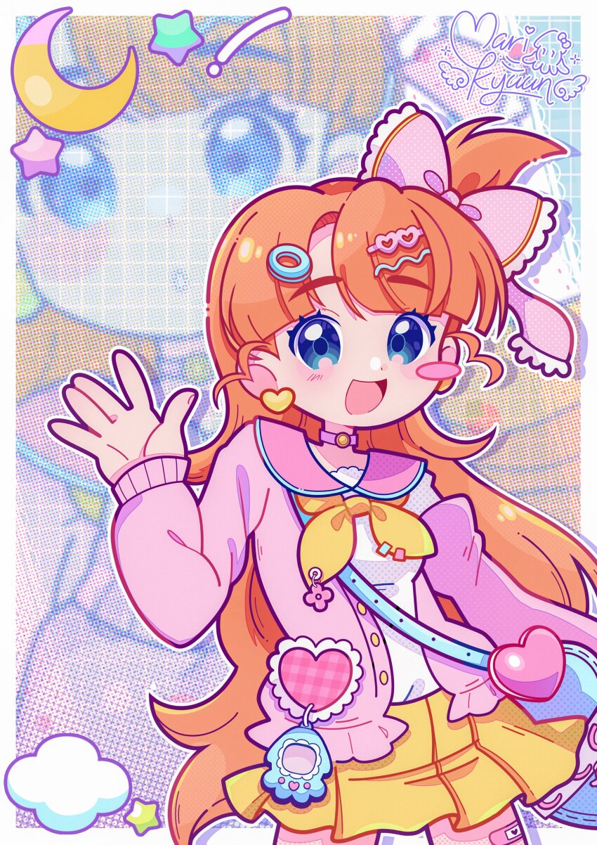 ! 1girl :d absurdres alternate_costume artist_name artist_self-insert bag bandaid bandaid_on_thigh blue_bag blue_eyes blunt_bangs blush blush_stickers border bow breasts buttons character_background choker cloud commentary cowboy_shot crescent dot_nose earrings english_commentary fingernails frilled_bow frills grid_background hair_bow hair_ornament hairclip halftone halftone_background hand_up happy heart heart_earrings heart_hair_ornament heart_ornament highres indie_virtual_youtuber jacket jacket_partially_removed jewelry legs_apart long_hair long_sleeves looking_at_viewer marikyuunn marikyuunn_(vtuber) medium_breasts miniskirt multiple_hair_clips multiple_views neckerchief one_side_up open_clothes open_hand open_jacket open_mouth orange_hair outline outside_border patterned_background pink_bow pink_choker pink_sailor_collar pleated_skirt sailor_collar sailor_shirt shirt shoulder_bag signature skirt smile star_(symbol) thick_eyebrows very_long_hair virtual_pet_(toy) virtual_youtuber waving white_border white_outline white_shirt yellow_neckerchief yellow_skirt
