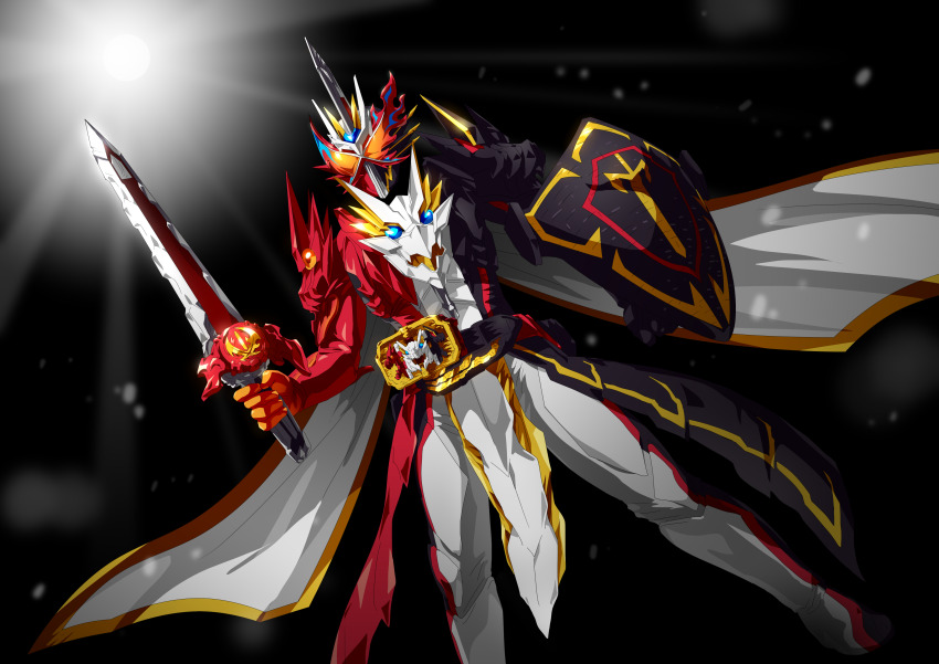 1boy absurdres black_background cloak compound_eyes dragon emotional_dragon_wonder_ride_book highres holding holding_shield holding_sword holding_weapon kaenken_rekka kamen_rider kamen_rider_saber kamen_rider_saber:_the_phoenix_swordsman_and_the_book_of_ruin kamen_rider_saber_(series) kamen_rider_saber_emotional_dragon otokamu rider_belt seiken_swordriver shield standing sword weapon