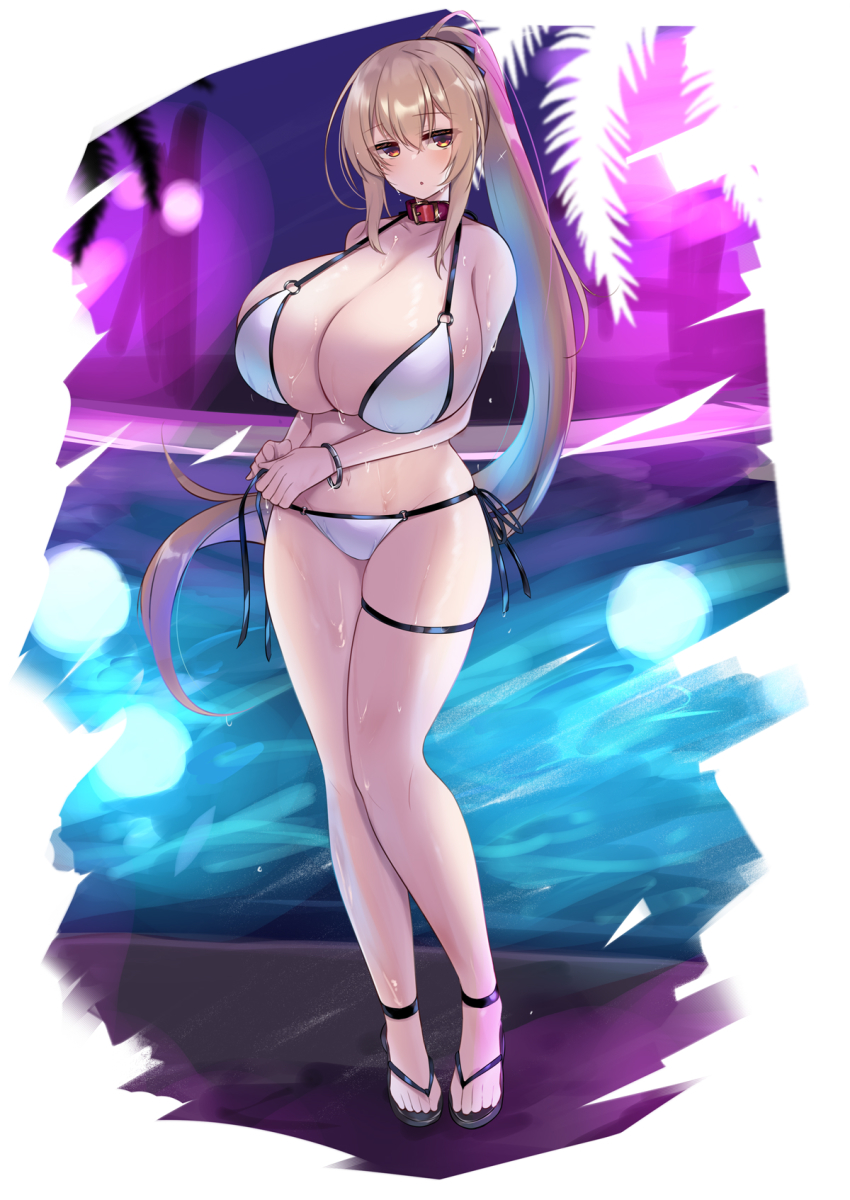 1girl bikini blonde_hair bracelet breasts brown_eyes cleavage collar collarbone full_body hair_between_eyes highres huge_breasts jewelry kubiwa_(kutan) kutan long_hair looking_at_viewer o-ring original ponytail red_collar sandals side-tie_bikini_bottom solo swimsuit thigh_strap very_long_hair white_bikini
