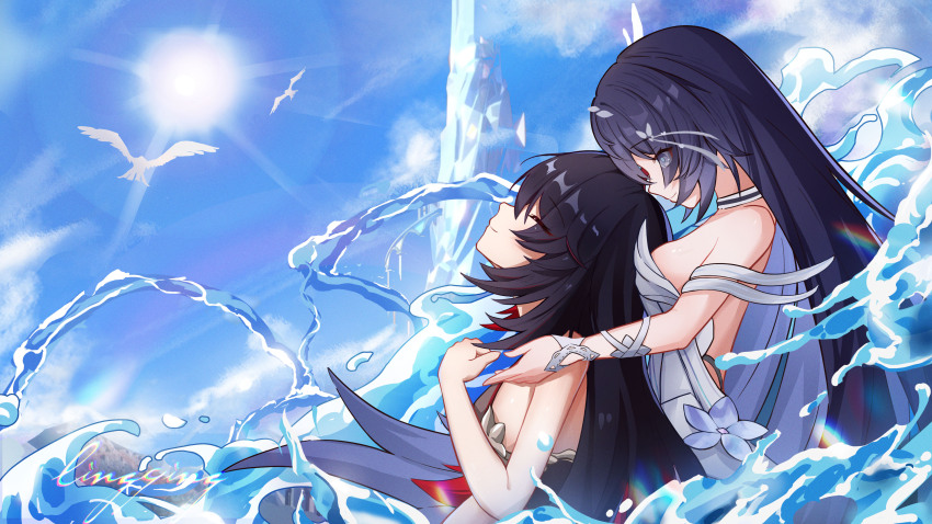 2girls absurdres bird black_hair breasts closed_mouth colored_inner_hair flower hair_ornament highres honkai_(series) honkai_impact_3rd long_hair lying_on_another lying_on_person medium_breasts multicolored_hair multiple_girls purple_eyes purple_hair red_hair seagull seele_(alter_ego) seele_vollerei seele_vollerei_(herrscher_of_rebirth) seele_vollerei_(starchasm_nyx) signature smile sun user_atnv3228 very_long_hair water