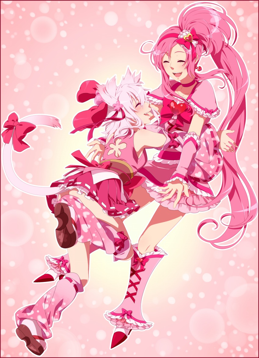 0417nao 2girls aino_hikaru_(0417nao) back_cutout bad_id bad_pixiv_id boots bow brooch choker closed_eyes clothing_cutout cure_miyabi_(0417nao) cure_prism_(0417nao) full_body hair_bow hairband highres imminent_hug jewelry knee_boots leg_warmers long_hair magical_girl multiple_girls original pink_background pink_boots pink_bow pink_hair pink_skirt pink_theme precure ribbon short_hair side_ponytail skirt smile white_hair