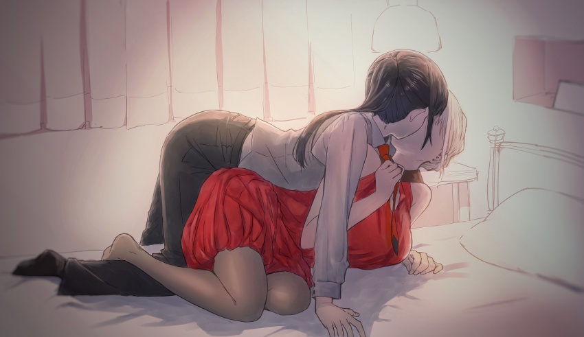 2girls all_fours black_hair black_pants black_pantyhose black_socks blonde_hair clothes_grab covered_face curtains dress dress_shirt facing_another formal_clothes girl_on_top highres implied_kiss inoue_takina jo_er lamp leg_on_another&#039;s_leg long_sleeves lycoris_recoil multiple_girls necktie necktie_grab neckwear_grab nishikigi_chisato no_shoes on_bed pants pantyhose pillow ponytail red_dress red_necktie shirt socks yuri