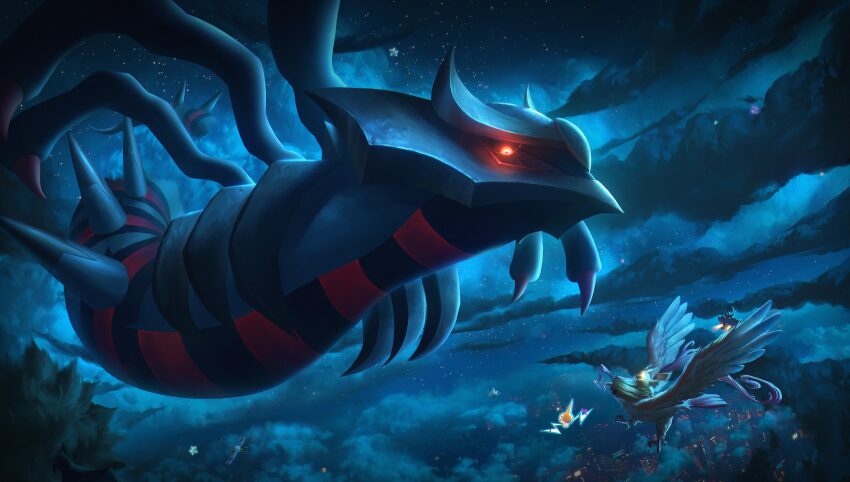absurdres building celebi city cloud flying full_body gen_1_pokemon gen_2_pokemon gen_3_pokemon gen_4_pokemon gen_6_pokemon gen_7_pokemon giratina highres legendary_pokemon mega_pidgeot mega_pokemon minior mythical_pokemon night nintendo no_humans pidgeot pikachu pokemon pokemon_(creature) pumpkaboo red_eyes rotom skyscraper star_(sky) wer_(no0701) wingull