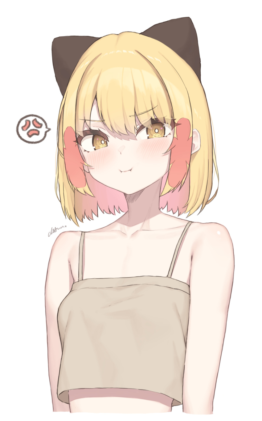 1girl absurdres anger_vein blonde_girl_(cloba) blonde_hair breasts brown_camisole camisole cloba closed_mouth collarbone commentary highres looking_at_viewer original short_hair signature simple_background small_breasts solo spoken_anger_vein symbol-only_commentary upper_body white_background yellow_eyes