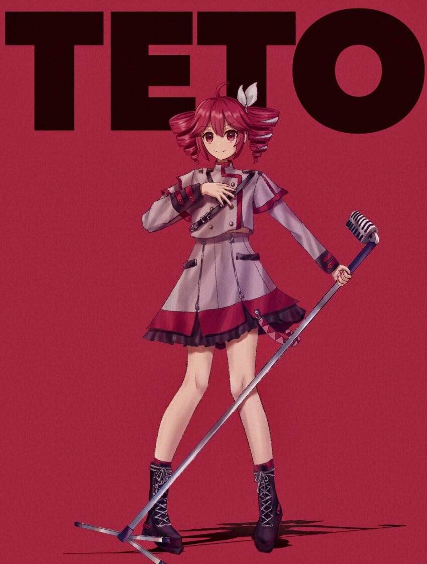 1girl ahoge ankle_socks belt black_belt black_boots black_sleeve_cuffs boots bow buttons character_name closed_mouth commentary double-breasted double-parted_bangs drill_hair fingernails flat_chest grey_jacket grey_skirt hair_between_eyes hair_bow hair_ribbon hand_up hashtag-only_commentary highres holding holding_microphone_stand jacket kasane_teto kasane_teto_(sv) lace-up_boots layered_skirt layered_sleeves long_sleeves looking_at_viewer microphone microphone_stand midriff_peek nyaaaa252 red_background red_belt red_hair red_nails red_skirt red_socks red_trim ribbon shadow shoulder_belt shoulder_boards skirt skirt_set smile socks solo spread_legs synthesizer_v twin_drills utau vocaloid_boxart_pose white_bow white_ribbon
