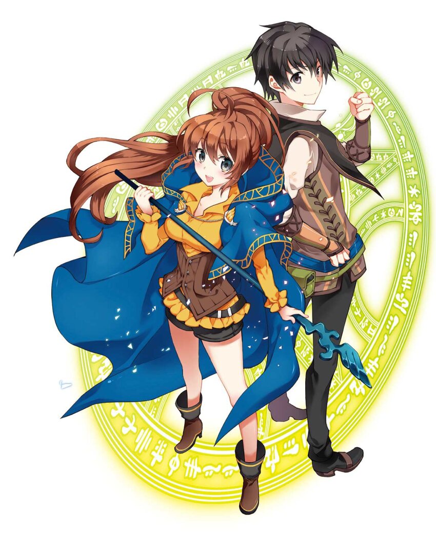 1boy 1girl :d azuma_rin_(isekai_cheat_magician) back-to-back black_eyes black_hair blue_cape boots brown_hair cape clenched_hands comic_cover corset dress_shirt from_above full_body high_heel_boots high_heels highres holding holding_staff isekai_cheat_magician long_hair magic_circle nishimura_taichi official_art open_mouth pants ponytail second-party_source shirt short_hair shorts simple_background smile staff suzuragi_karin vest waistcoat white_background wrist_guards yellow_shirt
