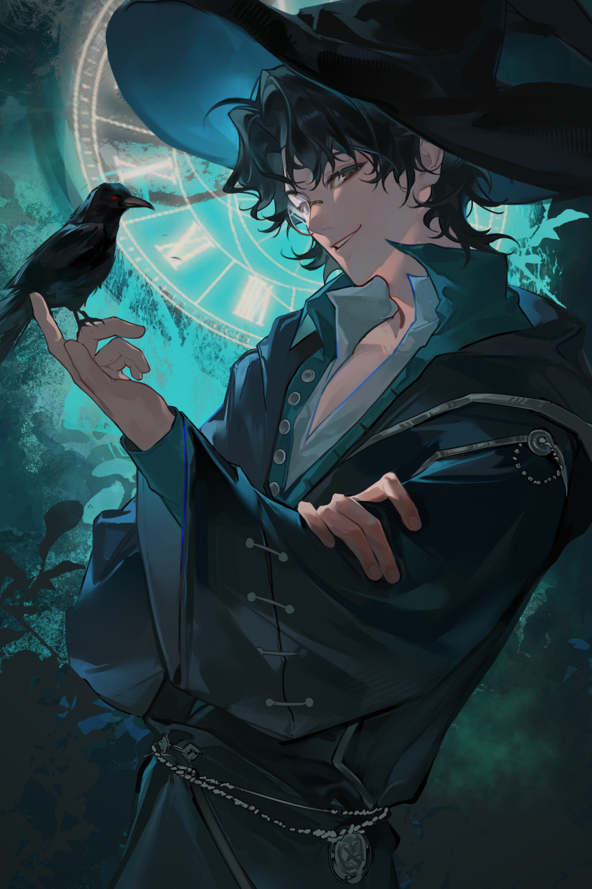 1boy absurdres amon_(lord_of_the_mysteries) animal animal_on_hand bird bird_on_hand black_bird black_eyes black_hair black_hat black_robe chain chunjinran000 clock collared_shirt crow curtained_hair dial from_side green_shirt hand_on_own_arm hat highres holding holding_animal holding_bird hooded_robe long_sleeves looking_at_viewer lord_of_the_mysteries male_focus monocle pocket_watch popped_collar robe roman_numeral shirt short_hair smile solo watch white_shirt witch_hat