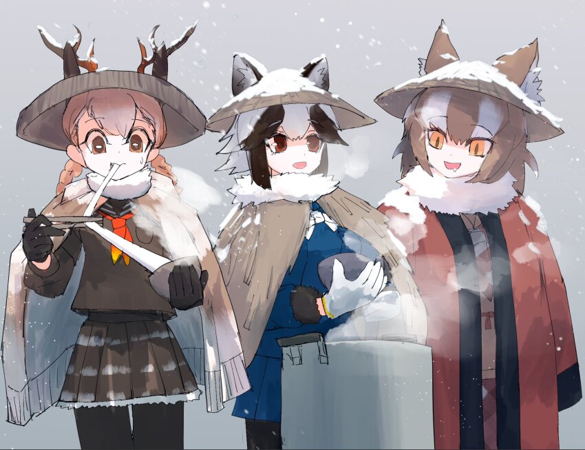 3girls adapted_costume alternate_costume animal_ears antlers antlers_through_headwear black_pants black_pantyhose black_trim blue_skirt bow bowtie braid brown_eyes brown_fur brown_hair brown_shirt brown_skirt brown_sweater cloak cowboy_shot deer_antlers deer_ears deer_girl ears_through_headwear eating extra_ears food fur_collar fur_trim gloves hair_between_eyes hat highres horns japanese_clothes japanese_wolf_(kemono_friends) kemono_friends long_sleeves mochi multicolored_hair multiple_girls neckerchief pants pantyhose pleated_skirt raccoon_ears raccoon_girl raccoon_tail red_cloak red_neckerchief rice_hat sailor_collar school_uniform serafuku shawl shirt sidelocks sika_deer_(kemono_friends) skirt snow steam sweater tail tanuki_(kemono_friends) twin_braids two-tone_hair white_bow white_bowtie white_fur white_gloves white_hair wolf_ears wolf_girl yappa_muri