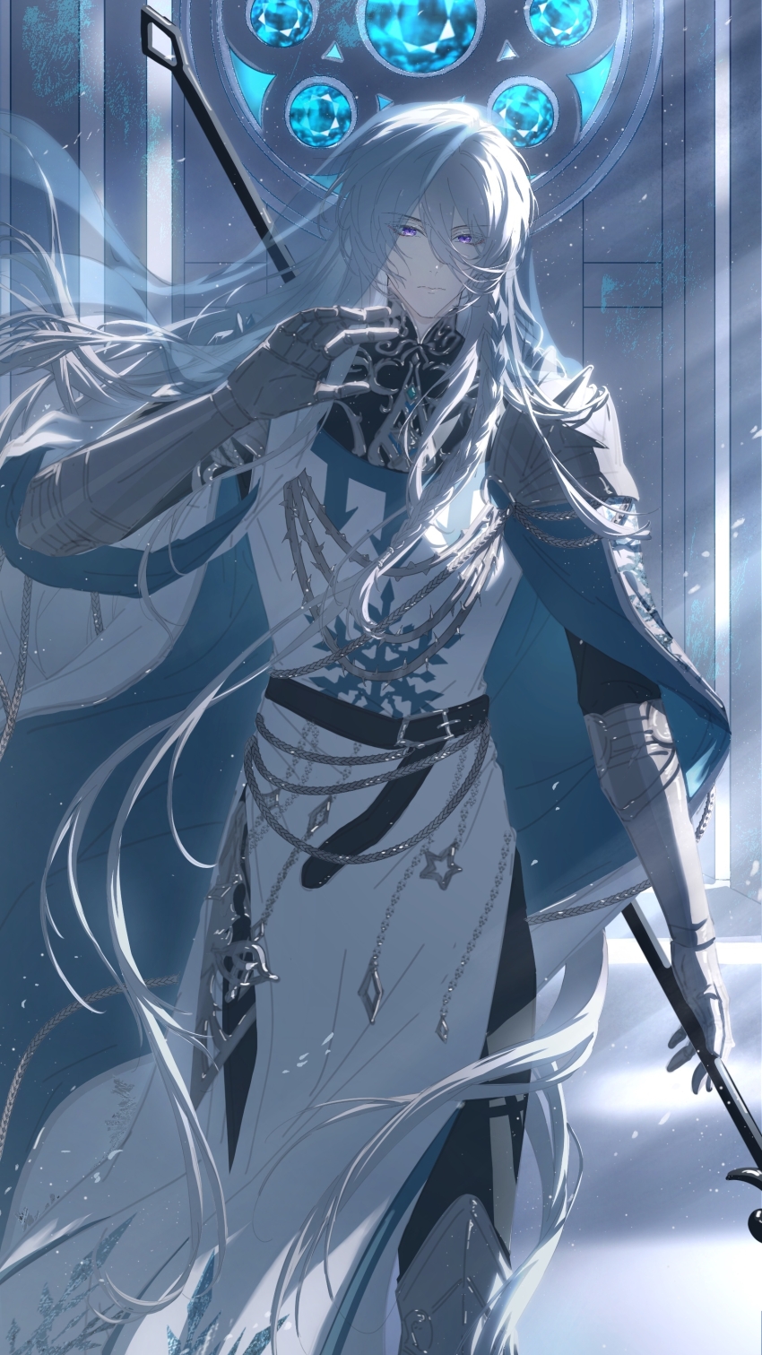 1boy absurdres aqua_cape armor belt black_pants black_sleeves braid cael_anselm cape closed_mouth cowboy_shot floating_hair gauntlets hair_between_eyes highres holding holding_weapon indoors long_bangs long_hair looking_at_viewer lovebrush_chronicles male_focus pants pauldrons purple_eyes shoulder_armor sidelighting solo straight-on three-quarter_sleeves tunic variant_set very_long_hair walking weapon weapon_on_back white_hair yydxueqing