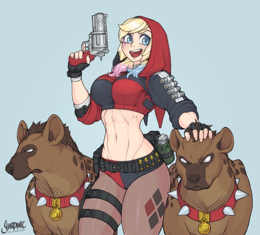 1girl alternate_costume ammunition blue_eyes collar dc_comics female_focus granade gun handgun harley_quinn hyena looking_at_viewer midriff multicolored_hair navel pet pistol smile solo spiked_collar spikes tattoo thighhighs weapon