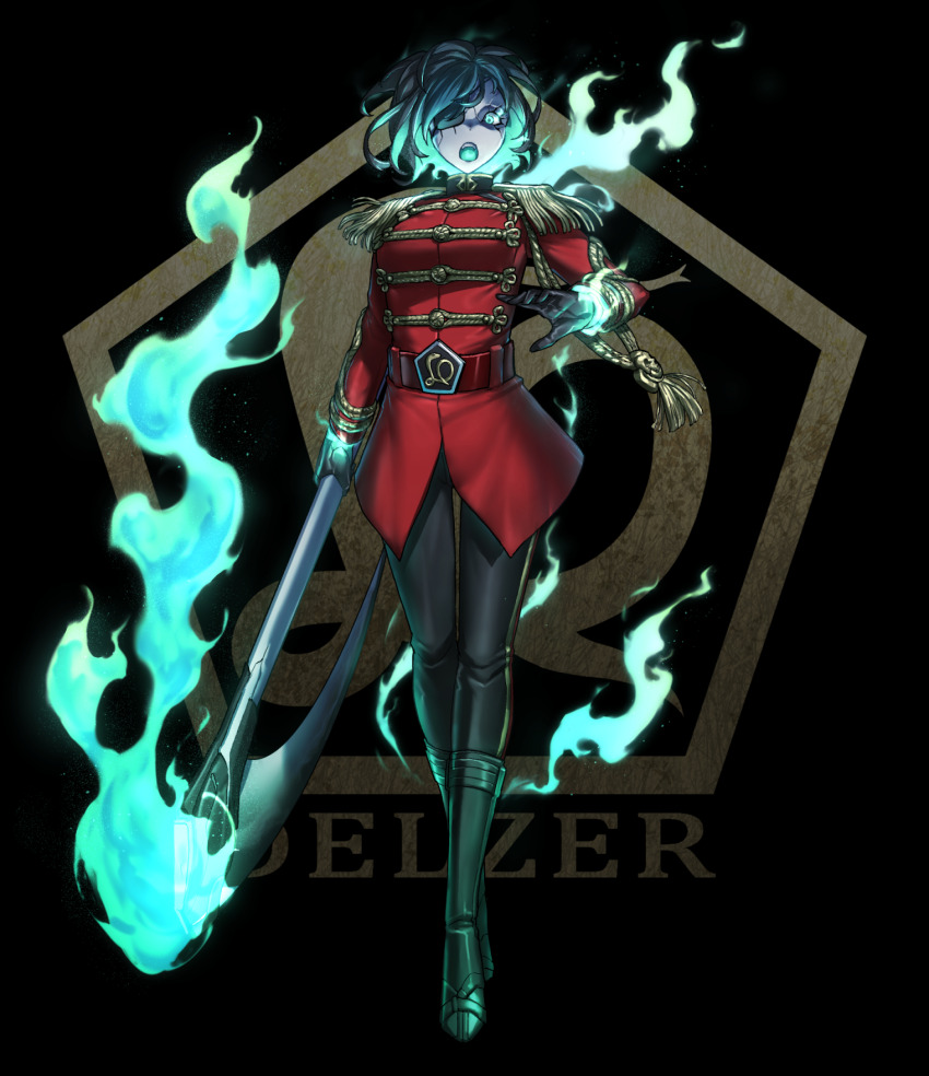 1girl belt belt_buckle black_background black_gloves black_pants blue_eyes blue_fire blue_hair blue_tongue boots buckle colored_inner_hair colored_tongue commentary_request eidenjyou1997 emblem epaulettes eyepatch fire floating_head fringe_trim full_body genderswap genderswap_(mtf) ghost gloves glowing glowing_eye glowing_hair highres holding holding_scythe holding_weapon jacket kamen_rider kamen_rider_stronger_(series) knee_boots looking_at_viewer major_skull military_uniform monster_girl multicolored_hair open_mouth pants red_belt red_jacket scythe short_hair solo standing teeth upper_teeth_only weapon