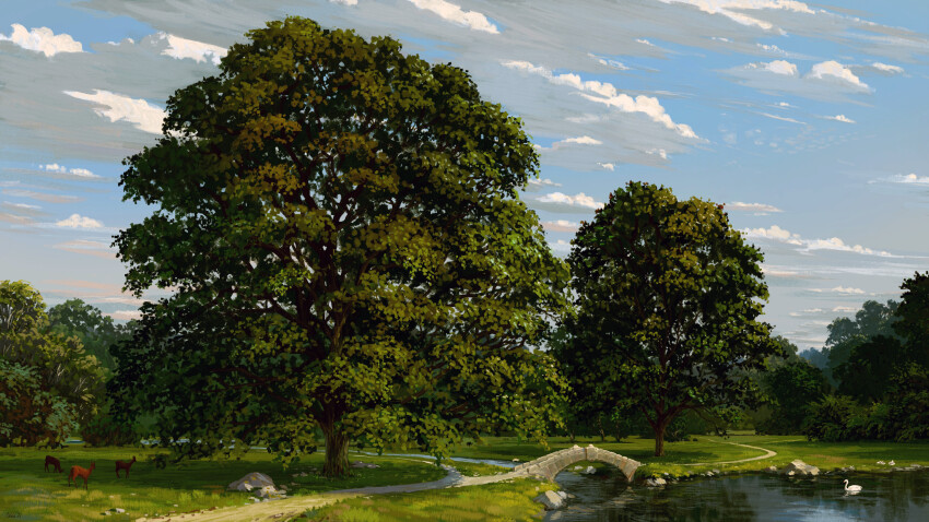 absurdres animal bird blue_sky bridge cloud commentary day deer english_commentary forest grazing_(livestock) highres krita_(medium) landscape nature no_humans original outdoors park path philipp_urlich pond reflection reflective_water road rock scenery sky sunlight swan tree water