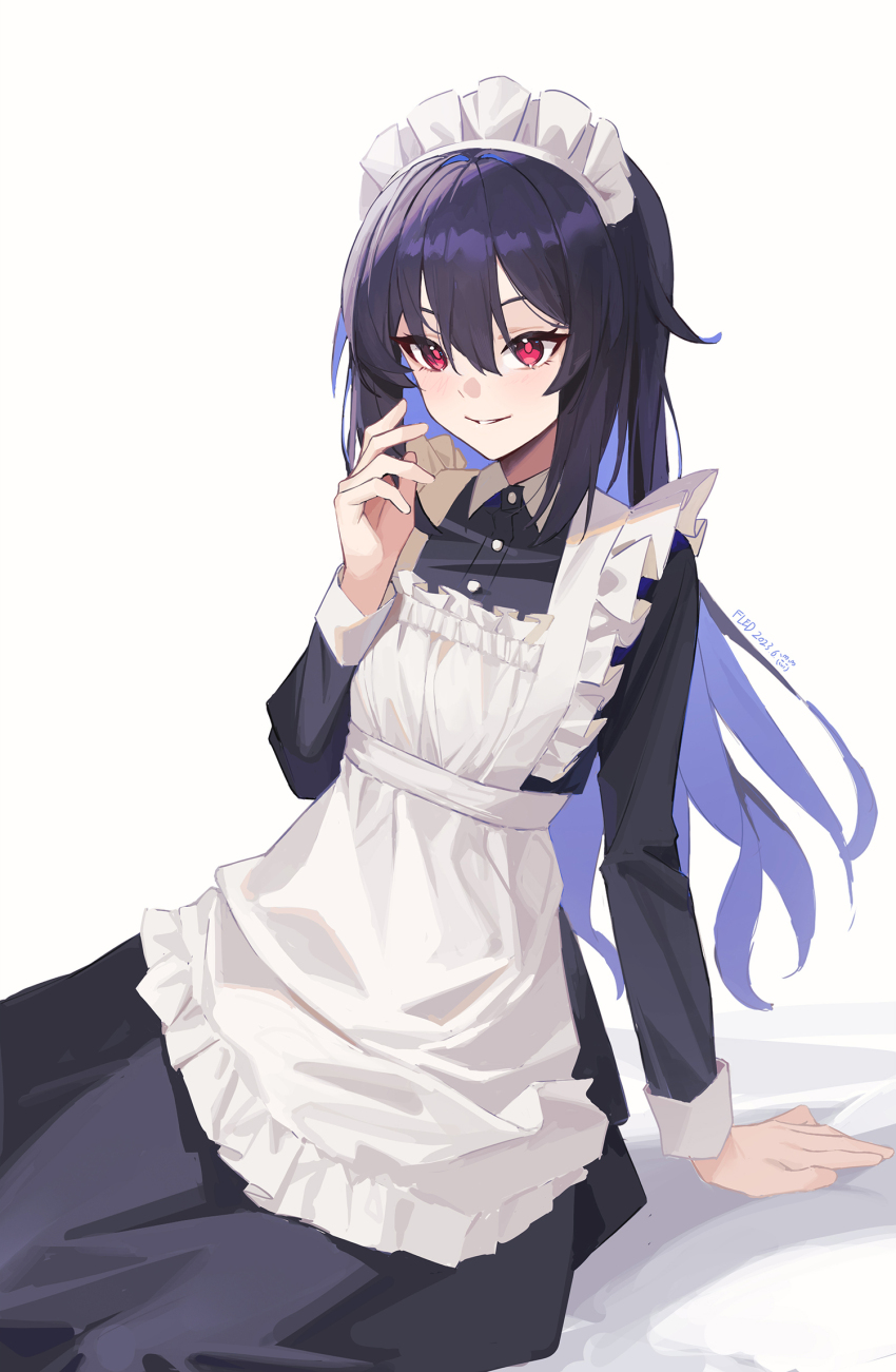 1girl apron arm_support black_dress black_hair blue_hair blush chinese_commentary closed_mouth collared_dress colored_inner_hair commentary commentary_request dated dress fled frills hair_between_eyes hand_up highres honkai_(series) honkai_impact_3rd long_hair long_sleeves looking_at_viewer maid maid_apron maid_headdress multicolored_hair red_eyes seele_(alter_ego) seele_vollerei seele_vollerei_(magic_girl_seele) seele_vollerei_(starchasm_nyx) simple_background sitting smile solo white_apron white_background