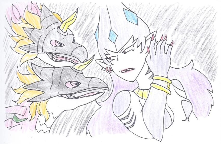 calamaramon derivative_work digimon disney disneymonredraw_(meme) dragon earrings jewelry long_hair looking_at_another meme parody purple_hair screenshot_redraw squid squid_girl traditional_media waruseadramon