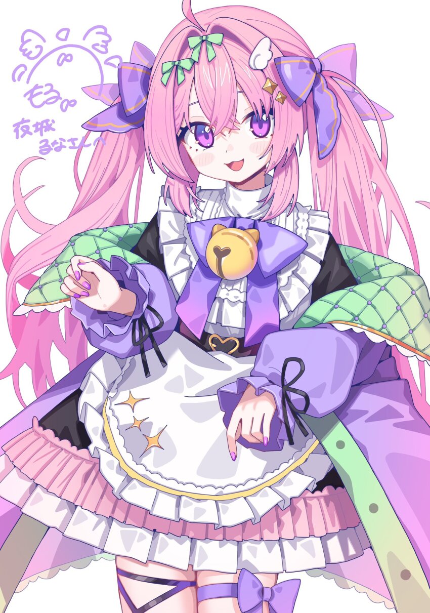 1girl :3 ahoge apron bell black_dress blush bow bowtie commentary commissioner_name cowboy_shot dress frilled_apron frills hair_between_eyes hair_ornament hair_ribbon hands_up highres indie_virtual_youtuber jacket jingle_bell long_hair long_sleeves looking_at_viewer morumoru_x nail_polish off_shoulder open_clothes open_jacket open_mouth pink_hair purple_bow purple_bowtie purple_eyes purple_jacket purple_nails purple_ribbon ribbon signature simple_background smile solo twintails virtual_youtuber white_apron white_background yashiro_runa