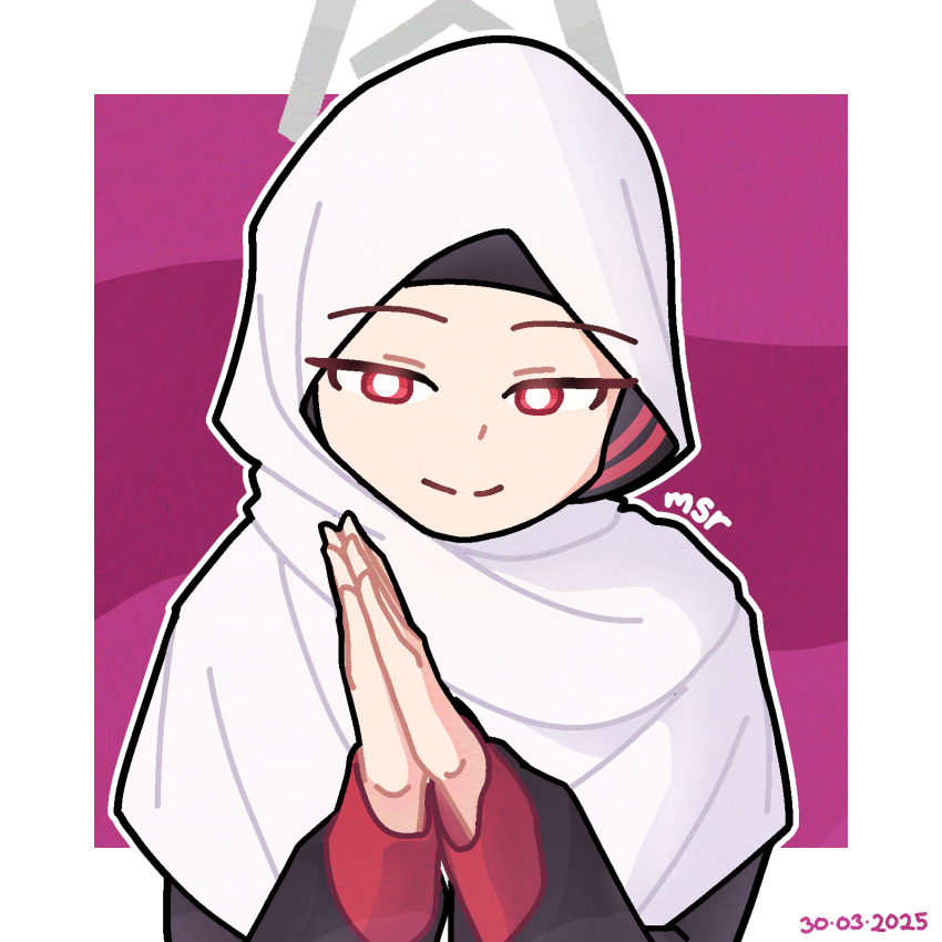 1girl artist_name blue_archive border closed_mouth commentary commentary_request dated english_commentary halo highres hijab ibispaint_(medium) indonesian_commentary kayoko_(blue_archive) looking_at_viewer mixed-language_commentary msr_0410 outside_border palms_together pink_background portrait red_eyes smile solo standing white_border white_hijab