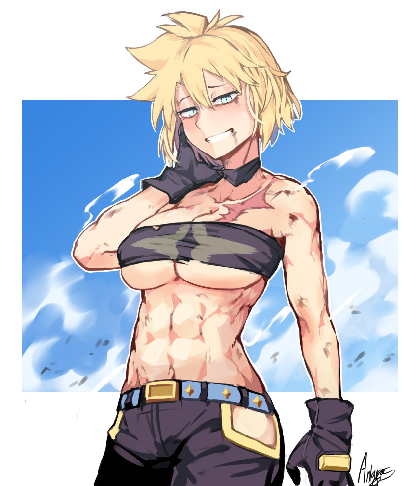1girl abs absurdres after_battle antares_topaz aqua_eyes bare_shoulders belt belt_buckle black_gloves black_shirt black_tube_top blonde_hair blue_belt blue_sky border breasts buckle cleavage cloud cloudy_sky collarbone cowboy_shot damaged day embarrassed gloves gold_buckle gold_trim hair_between_eyes hand_on_own_head highres hip_vent large_breasts looking_at_viewer medium_hair messy_hair muscular muscular_female navel nervous_smile outdoors outline scar scar_on_breasts scar_on_shoulder shiny_skin shirt signature sky smile smoke smoke_trail solo spiked_hair star_(symbol) star_linker strapless toned topaz_(antares_topaz) torn_clothes torn_shirt tube_top underboob white_background white_border white_outline